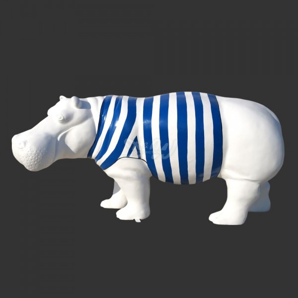 D&W Collection Deko Werbe Tier Figur Nilpferd Hippo Flusspferd stehend weiß Pullover blaue Streifen gestreift Lack mit Kunstbemalung lackiert Dekoration Garten Geschäft Ladenlokal Werbung Kunst Art handbemalt günstig online kaufen