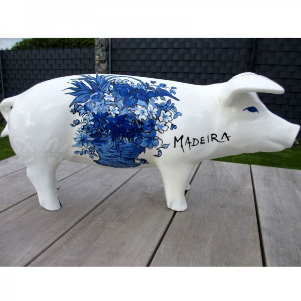 D&W Collection Deko Werbe Tier Figur Schwein mit Kunstbemalung Madeira Blumen blau 60 cm Pig Sau Pork Werbung Garten Dekoration Bauernhof Zoo Tierpark günstig online kaufen