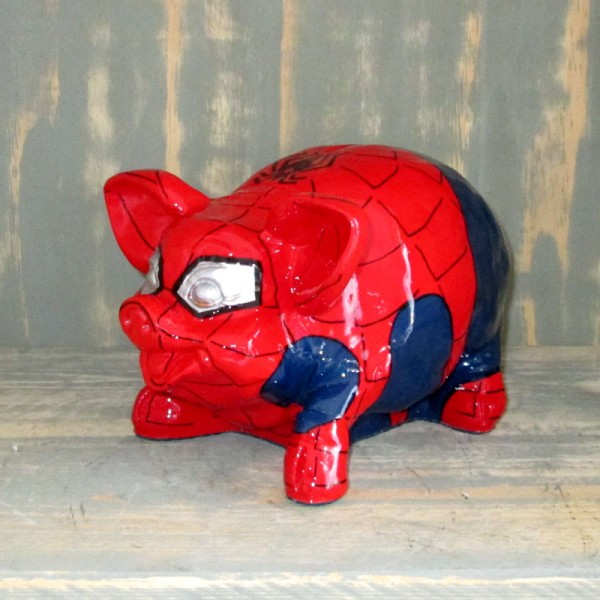 D&W Collection Deko Werbe Tier Figur Schwein Sparschwein Spardose Sparbüchse mit Kunstbemalung Spiderman Spiderschwein Marvel Superheld Pig Sau Pork Werbung Garten Dekoration Bauernhof Zoo Tierpark günstig online kaufen