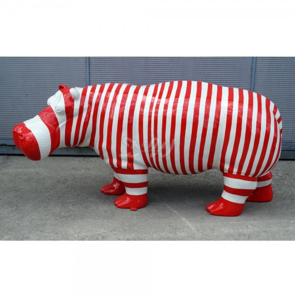 D&W Collection Deko Werbe Tier Figur Nilpferd Hippo Flusspferd weiß mit Kunstbemalung Streifen rot weiß gestreift tierisch Dekoration Garten Geschäft Ladenlokal Werbung Kunst Art handbemalt günstig online kaufen