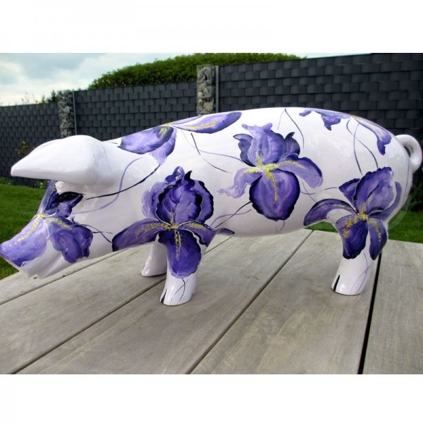D&W Collection Deko Werbe Tier Figur Schwein mit Kunstbemalung Lilien lila Blumen Flower 60 cm Pig Sau Pork Werbung Garten Dekoration Bauernhof Zoo Tierpark günstig online kaufen