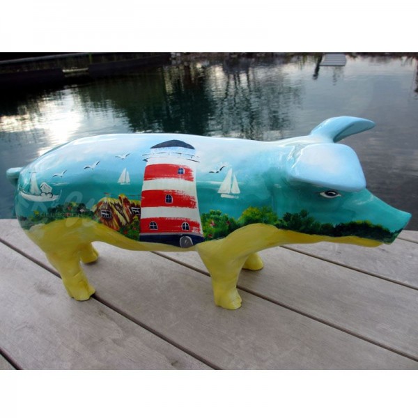 D&W Collection Deko Werbe Tier Figur Schwein mit Kunstbemalung Leuchtturm Küste Meer Landschaft Wasser Meer Lighthouse 60 cm Pig Sau Pork Werbung Garten Dekoration Bauernhof Zoo Tierpark günstig online kaufen