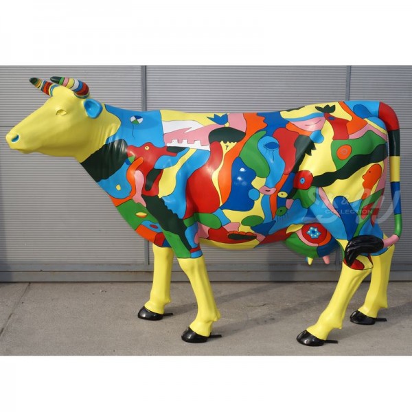 D&W Collection Deko Werbe Tier Figur Kuh Zenzi lebensgroß mit Kunstbemalung abstrakte Kunst gelb Kunst Cow Bauernhof Zoo Tierpark Garten Dekoration Werbung Skulptur Aufsteller günstig kaufen
