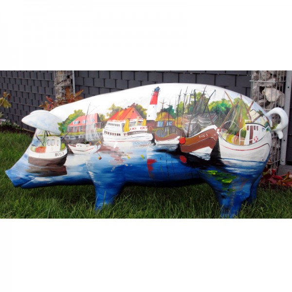 D&W Collection Deko Werbe Tier Figur Schwein mit Kunstbemalung Büsum Seebad Nordsee Urlaub Leuchtturm Hafen Stadt Schiffe Boot 94 cm Kunst Pig Sau Pork Werbung Garten Dekoration Bauernhof Zoo Tierpark günstig online kaufen