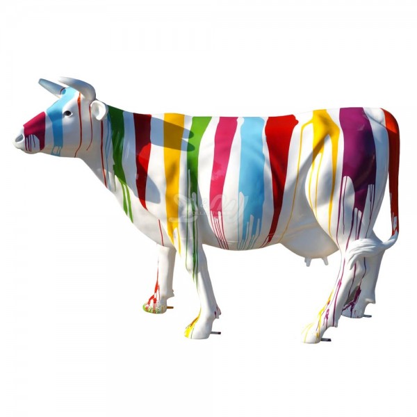 D&W Collection Deko Werbe Tier Figur Kuh Zenzi mit Kunstbemalung weiß und bunte Farbläufer Cow Bauernhof Zoo Tierpark Garten Dekoration Werbung Skulptur Aufsteller günstig kaufen