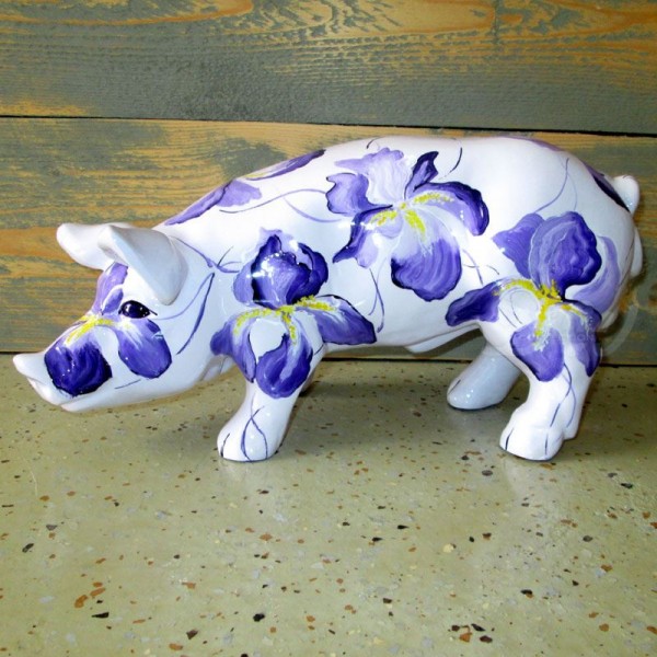 D&W Collection Deko Werbe Tier Figur Schwein mit Kunstbemalung Lilien lila Blumen Flower 40 cm Pig Sau Pork Werbung Garten Dekoration Bauernhof Zoo Tierpark günstig online kaufen