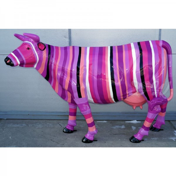D&W Collection Deko Werbe Tier Figur Kuh Zenzi mit Kunstbemalung bunte Streifen gestreift lila rosa pink weiß Kunst Cow Bauernhof Zoo Tierpark Garten Dekoration Werbung Skulptur Aufsteller günstig kaufen
