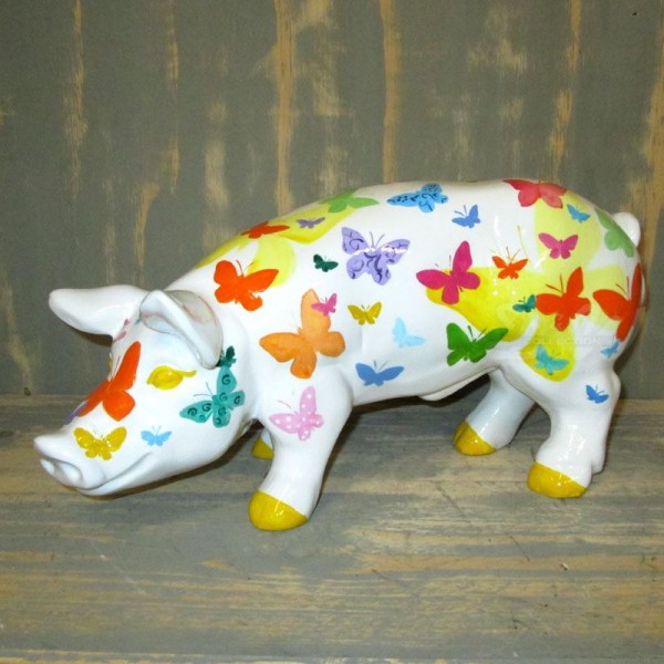 D&W Collection Deko Werbe Tier Figur Schwein mit Kunstbemalung Schmetterlinge Butterfly bunt 40 cm Pig Sau Pork Werbung Garten Dekoration Bauernhof Zoo Tierpark günstig online kaufen