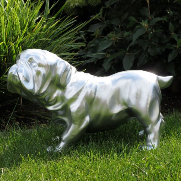 D&W Collection Deko Werbe Figur Hund englische Bulldogge einfarbig lackiert silber Lack Dog Garten Dekoration Werbung Kunst günstig kaufen