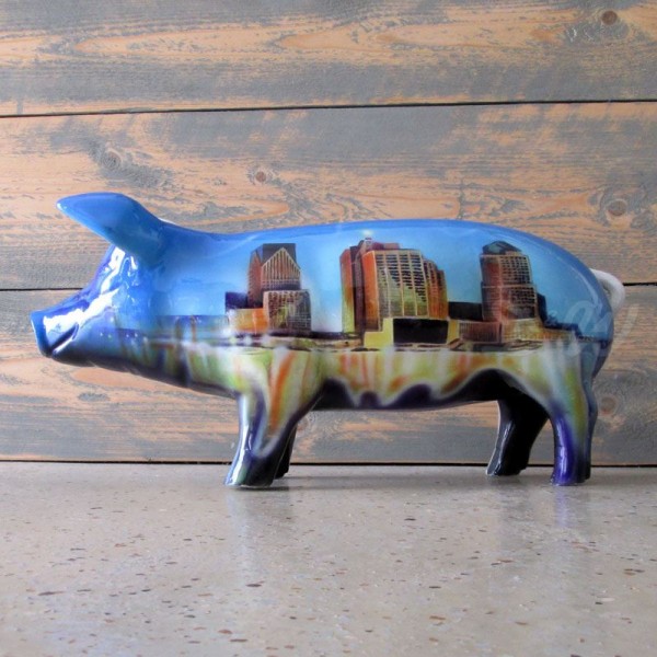 D&W Collection Deko Werbe Tier Figur Schwein mit Kunstbemalung Skyline Stadt Großstadt Hochhaus 60 cm Pig Sau Pork Werbung Garten Dekoration Bauernhof Zoo Tierpark günstig online kaufen