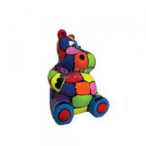 D&W Collection Deko Werbe Tier Figur Nilpferd Hippo mit Kunstbemalung sitzend klein 46 cm weiß bunte Vierecke Mosaik Kunst Werbung Haus Garten Dekoration günstig online kaufen