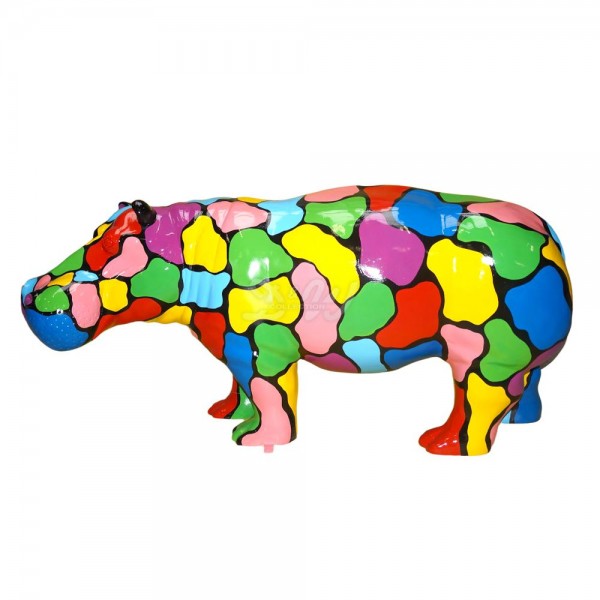 D&W Collection Deko Werbe Tier Figur Nilpferd Hippo Flusspferd stehend Lack mit Kunstbemalung bunte Felder Formen bunt lackiert Dekoration Garten Geschäft Ladenlokal Werbung Kunst Art handbemalt günstig online kaufen