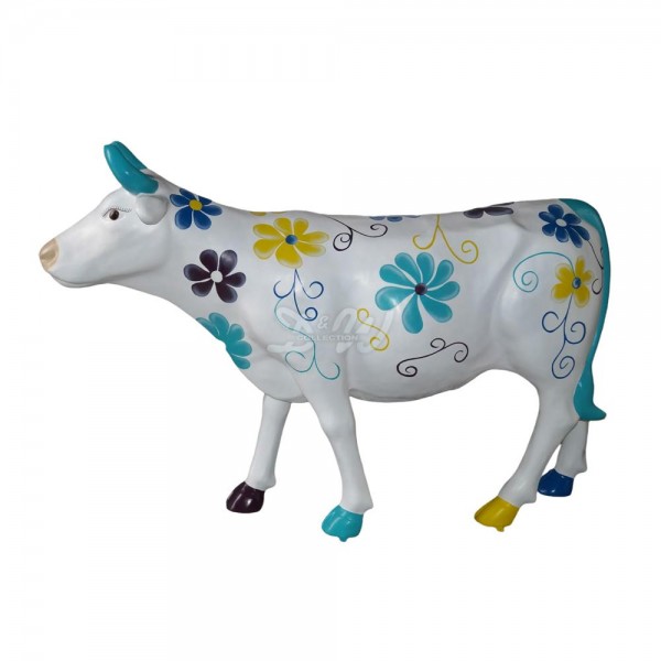 D&W Collection Deko Werbe Tier Figur Schweizer Kuh stehend weiß mit bunten Blumen Blüten Kunst Lack lebensgroß Cow Bauernhof Zoo Tierpark Dekoration Werbung Skulptur Aufsteller günstig online kaufen