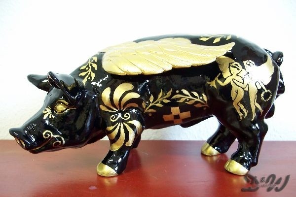 D&W Collection Deko Werbe Tier Figur Schwein mit Flügel Flügelschwein mit Kunstbemalung schwarz mit Engeln gold 40 cm Pig Sau Pork Werbung Garten Dekoration Bauernhof Zoo Tierpark günstig online kaufen