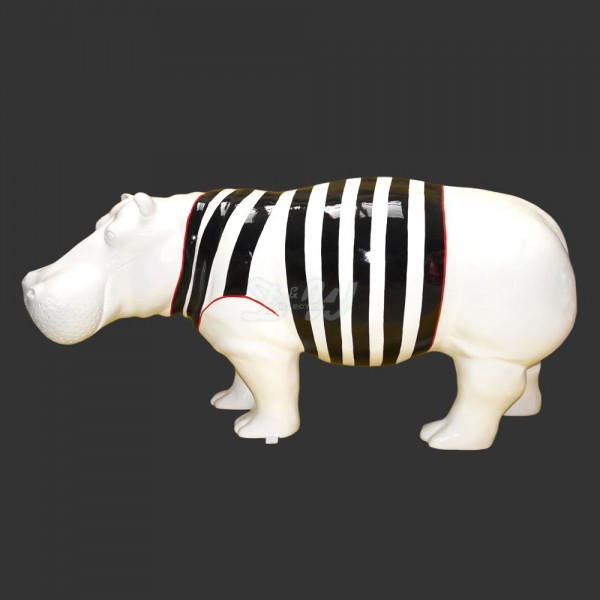 D&W Collection Deko Werbe Tier Figur Nilpferd Hippo Flusspferd stehend weiß Pullover schwarze Streifen gestreift Lack mit Kunstbemalung lackiert Dekoration Garten Geschäft Ladenlokal Werbung Kunst Art handbemalt günstig online kaufen
