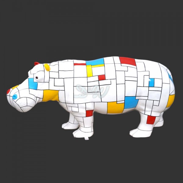 D&W Collection Deko Werbe Tier Figur Nilpferd Hippo Flusspferd stehend Lack mit Kunstbemalung bunte Rechtecke Quadrate blau gelb rot schwarz lackiert Dekoration Garten Geschäft Ladenlokal Werbung Kunst Art handbemalt günstig online kaufen