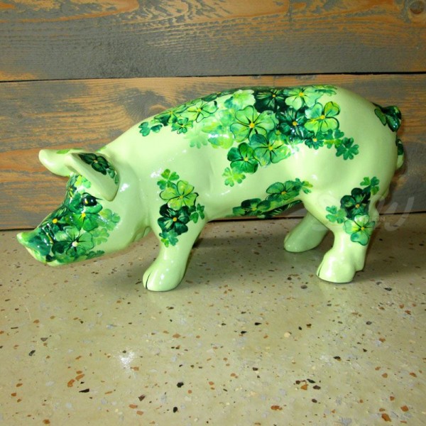 D&W Collection Deko Werbe Tier Figur Schwein mit Kunstbemalung Glücksklee Kleeblatt Klee vierblättrig Glücksbringer Glück 40 cm Kunst Pig Sau Pork Werbung Garten Dekoration Bauernhof Zoo Tierpark günstig online kaufen