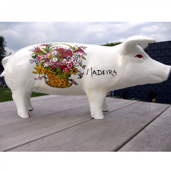 D&W Collection Deko Werbe Tier Figur Schwein mit Kunstbemalung Madeira Blumen bunt 60 cm Pig Sau Pork Werbung Garten Dekoration Bauernhof Zoo Tierpark günstig online kaufen