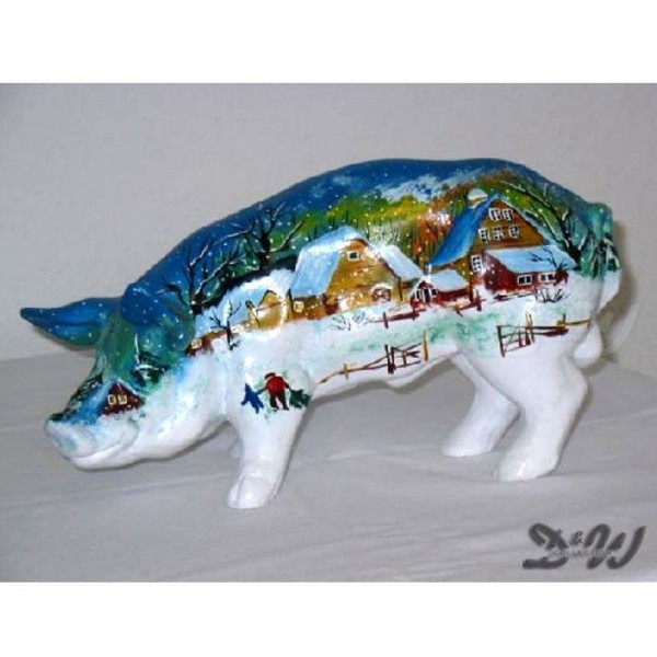 D&W Collection Deko Werbe Tier Figur Schwein mit Kunstbemalung Winterlandschaft Bauernhof Landschaft Winter mini 30 cm hanbemalt kunstbemalt Pig Sau Pork Werbung Garten Dekoration Bauernhof Zoo Tierpark günstig online kaufen