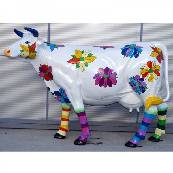 D&W Collection Deko Werbe Tier Figur Kuh Zenzi mit Kunstbemalung weiß mit bunten Blüten und Streifen Blumen Cow Bauernhof Zoo Tierpark Garten Dekoration Werbung Skulptur Aufsteller günstig kaufen
