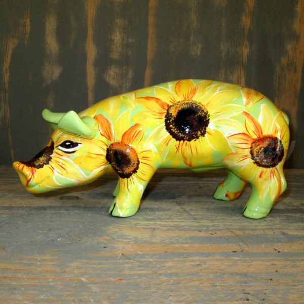 D&W Collection Deko Werbe Tier Figur Schwein mit Kunstbemalung Sonnenblumen Sonnenblume Blume Sonne Sommer 23 cm Pig Sau Pork Werbung Garten Dekoration Bauernhof Zoo Tierpark günstig online kaufen