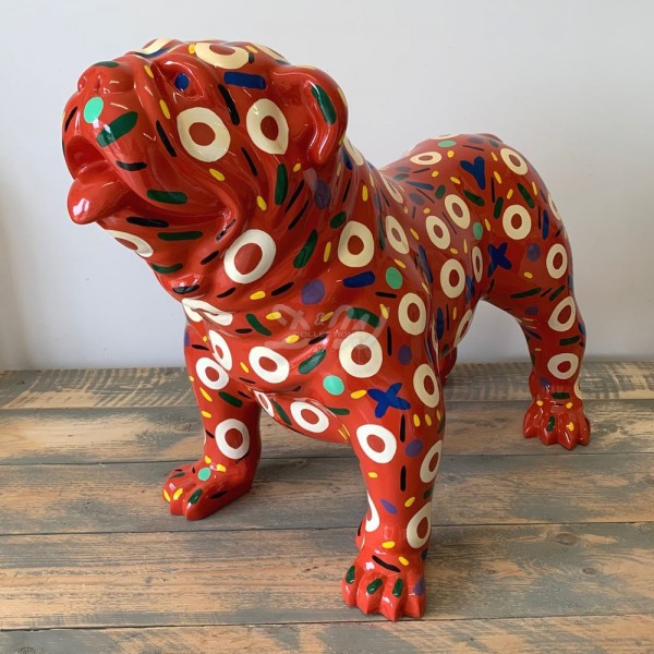  D&W Collection Deko Werbe Figur Hund englische Bulldogge Kunstbemalung rot mit bunten Mustern stehend groß lebensgroß Dog Garten Dekoration Werbung Kunst günstig online kaufen