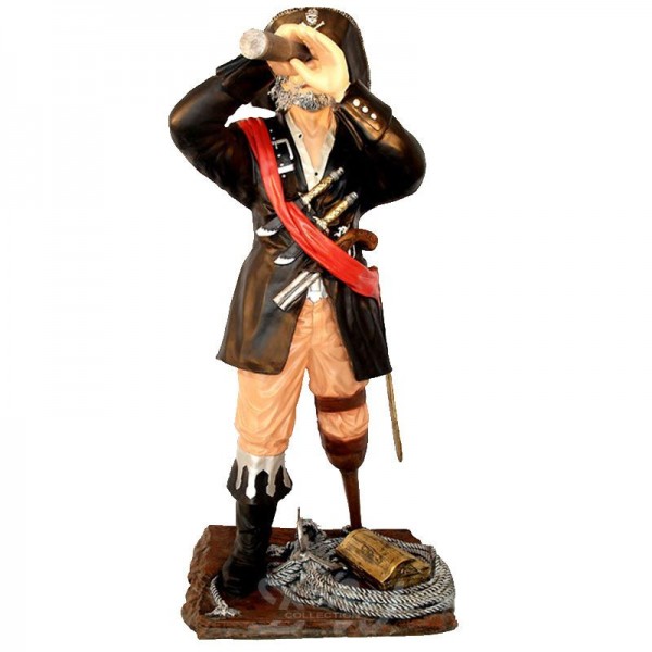 Pirat stehend mit Fernglas, Holzbein, Schatztruhe und Enterhaken 190 cm (lebensgroß)
