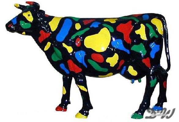 D&W Collection Deko Werbe Tier Figur Kuh Zenzi lebensgroß mit Kunstbemalung bunte Flecken Fleckung Kunst Cow Bauernhof Zoo Tierpark Garten Dekoration Werbung Skulptur Aufsteller günstig kaufen