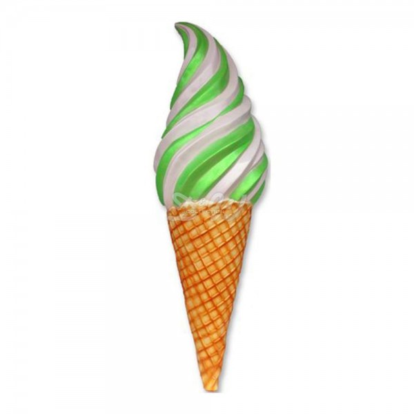 D&W Collection Deko Werbe Figur Softeis Vanille Sahne mit Soße mit grünen Streifen grün mit Wandhalterung zur Montage an der Wand Wandmontage Querschnitt halb halbe Eiswaffel Eiscafè Eisdiele Eishörnchen Eis Dekoration Garten Werbung Skulptur Aufsteller g