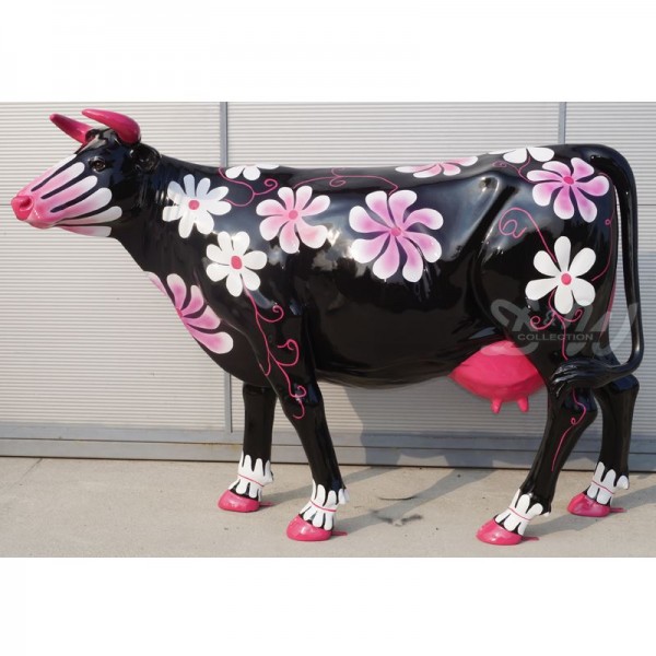 D&W Collection Deko Werbe Tier Figur Kuh Zenzi lebensgroß mit Kunstbemalung schwarz mit Blüten und Ranken rosa weiß Kunst Cow Bauernhof Zoo Tierpark Garten Dekoration Werbung Skulptur Aufsteller günstig kaufen