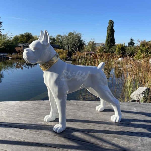 D&W Collection Deko Werbe Figur Hund Boxer weiß Lack Stachel Halsband Blattgold gold Spike stehend groß lebensgroß Dog Garten Dekoration Werbung Kunst günstig online kaufen