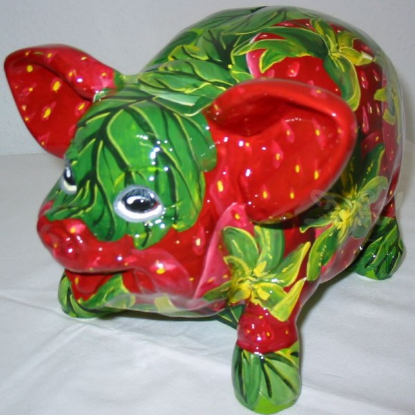 D&W Collection Deko Werbe Tier Figur Schwein Sparschwein Spardose Sparbüchse mit Kunstbemalung Erdbeere Strawberry Obst Früchte Sommer Pig Sau Pork Werbung Garten Dekoration Bauernhof Zoo Tierpark günstig online kaufen